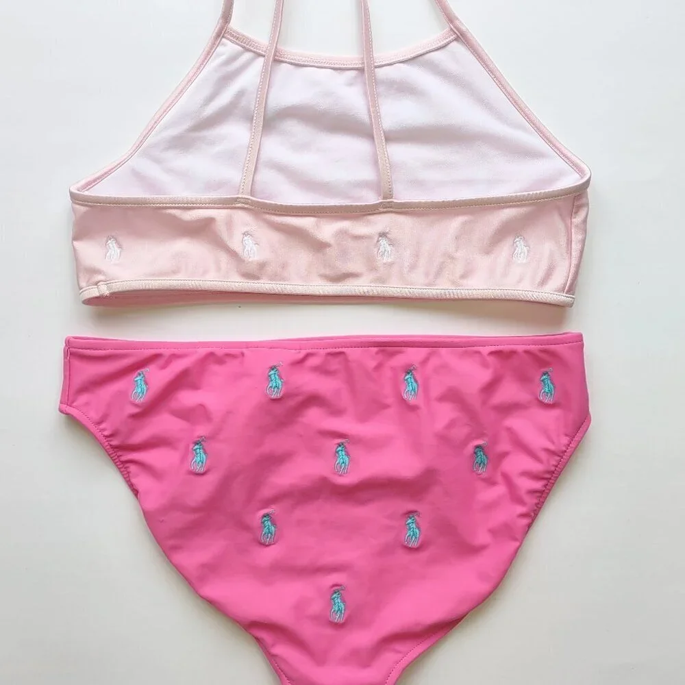 Polo Ralph Lauren Girl 2 Pc Swimsuit Bikini Size 14 Pony Lined Beach Resort EUC